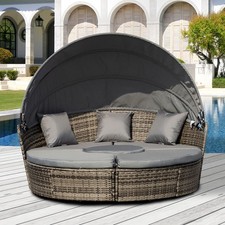  4-Piece Round Convertible Daybed with Cushions, Outdoor PE Rattan Patio Wicker 