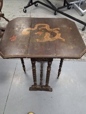 Antique Chinoiserie Asian Gold Dragon Painted Small Brown Dropleaf Side Table