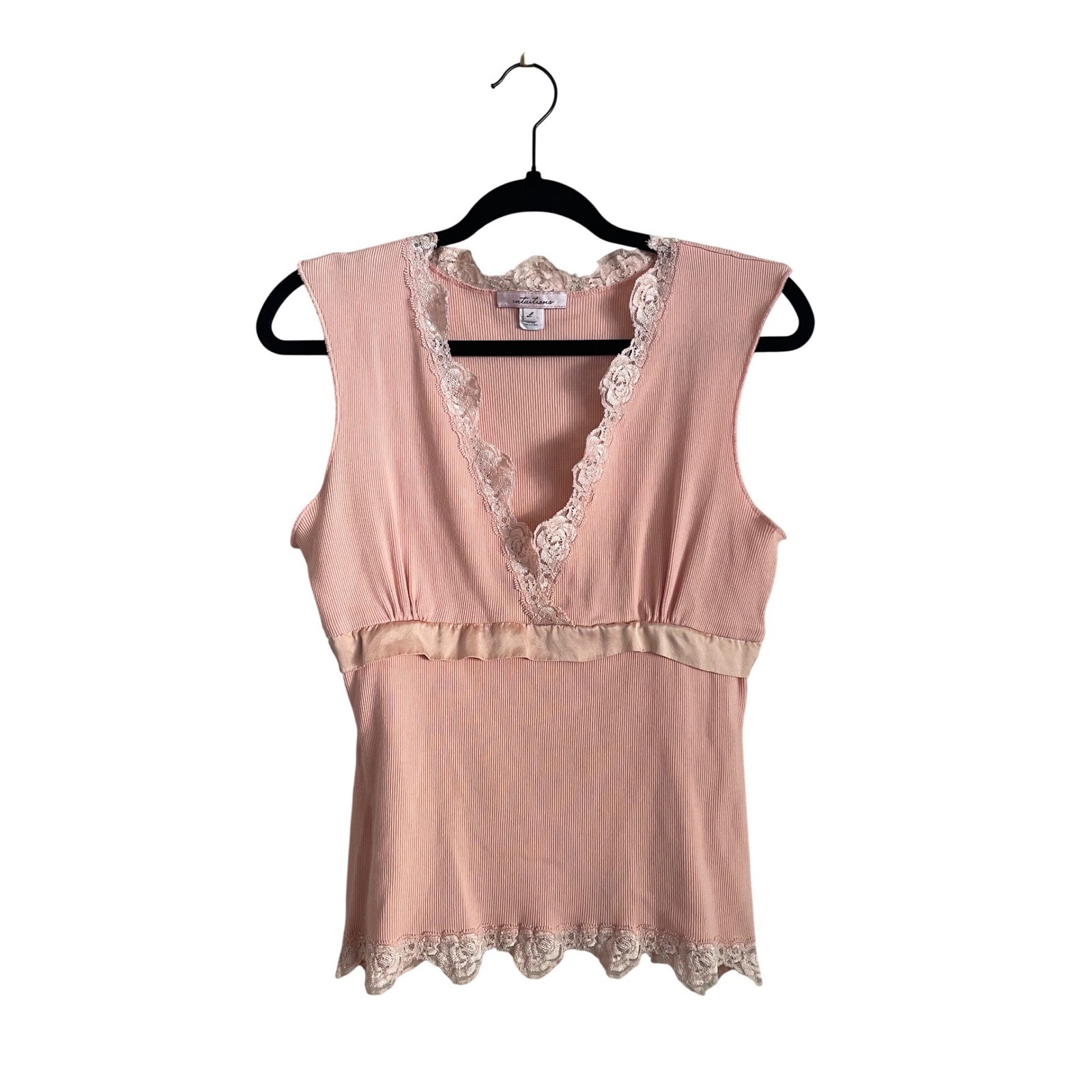 VTG Y2K Pink Ribbed Lace Ribbon V-Neck Babydoll Sleeveless Tank Top Large Fairy