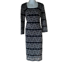 ROMAN Black Lace Overlay Midi Dress Silver Grey Square Neck Wedding Guest 12