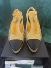 CHANEL Gold Glitter Slingback Block Heel Cap Toe Logo Women's Heels US 8.5 — photo 2