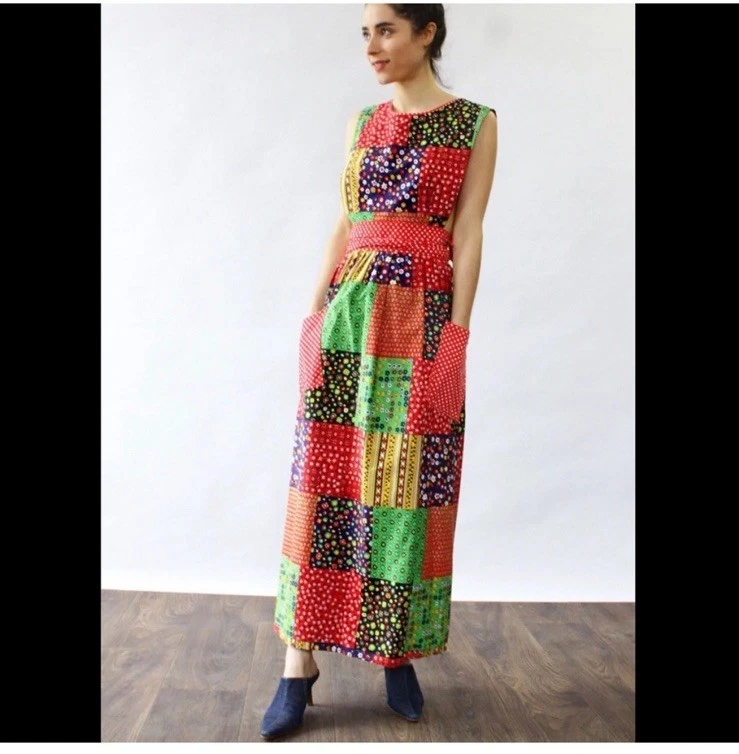 Design House Vintage 1970’s Patchwork Pinafore Apron Wrap Dress Cottagecore 70’s - Image 4 of 4