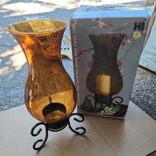 Amber 18" Cylinder Glass Hurricane CANDLE HOLDER with METAL SCROLL STAND