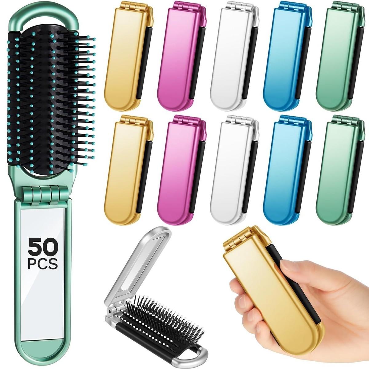 50 Pcs Folding Travel Brush with Mirror Bulk, Small Pocket  display picture 1
