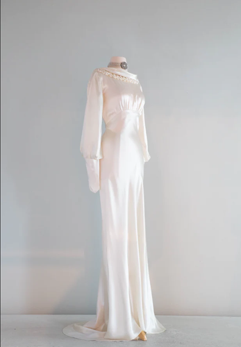 Vintage Wedding Dresses Ivory Satin 1960s Long Sleeves Train Retro Bridal Gowns - Picture 6 of 13