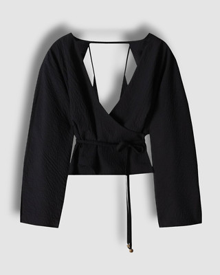$375 Nanushka Women's Black Cold-Shoulder Abel Cloque Flounce Wrap Top Size XS