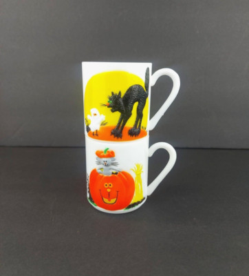 VTG Halloween Black Cat & Pumpkin 3D Plastic Mugs Childrens Cups Set 2 J.S.N.Y