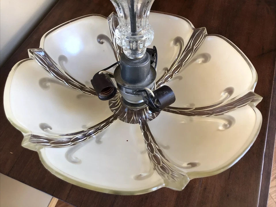 Antique 1920s 1930s Art Deco Nouveau Victorian Large Ceiling 3 Light Fixture - Image 4 of 4