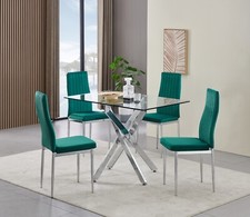 Dining Table Set Rectangular Glass Chrome Legs and 4 Velvet Dining Chairs Modern