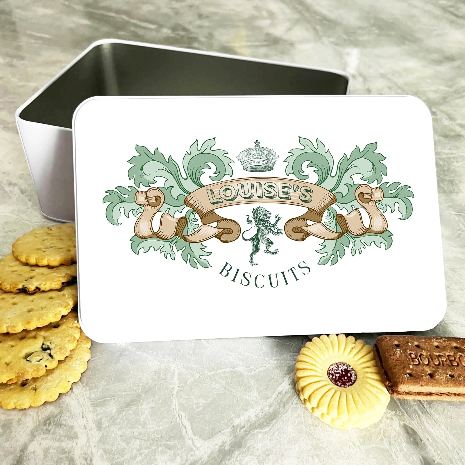 Teal Swirl Frame Vintage Crown Personalised Biscuit Storage Tin
