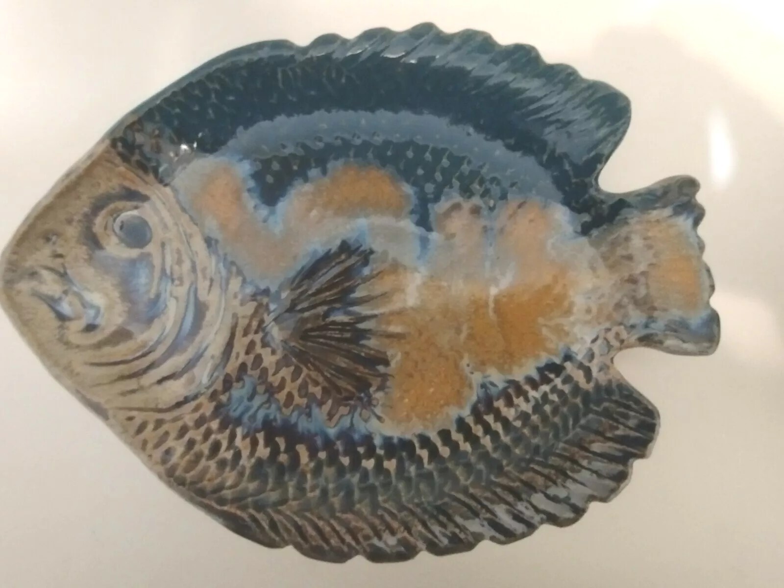 Large Stoneware Fish Platter Tray with Multi-Texture Brown Blue Design