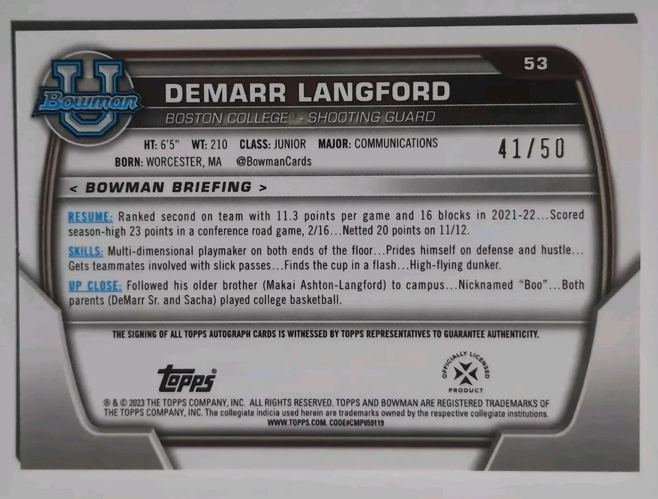 2023 Bowman Chrome University DeMarr Langford Rookie 1st Auto Gold Wave /50 - Image 2 of 2