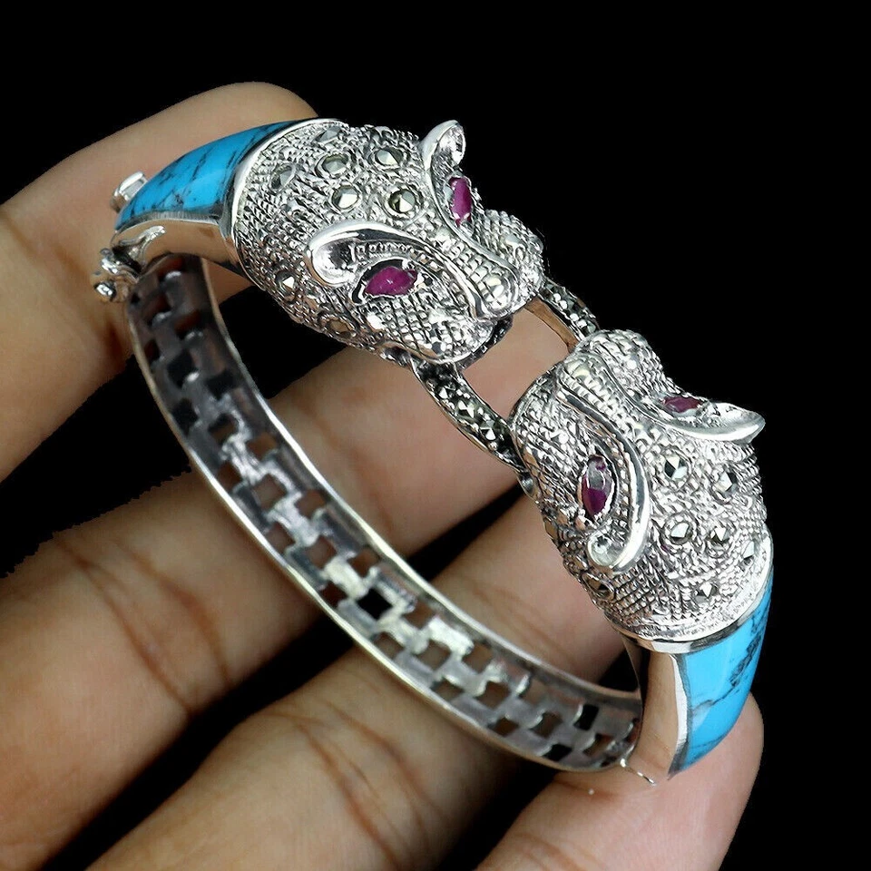 Silver Bangle Turquoise Ruby Marcasite Genuine Gems Solid Sterling 6 1/8 Inch - Image 4 of 4