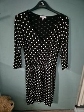 New Look Size 12 Black Spot Wrap Style 3/4 Sleeve Knee Length Dress (824/24)