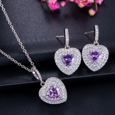 Silver Plated Purple Love Heart CZ Pendant Necklace Earrings Women Jewelry Set