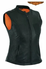 Women's Motorcycle Leather Collar Vest Black Zip Closure Nylon Lining M,L,XL,2XL