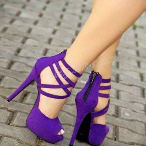 Purple Ladies Shoes High Heel Stilettos Sandals Strappy Peep Toe Party New