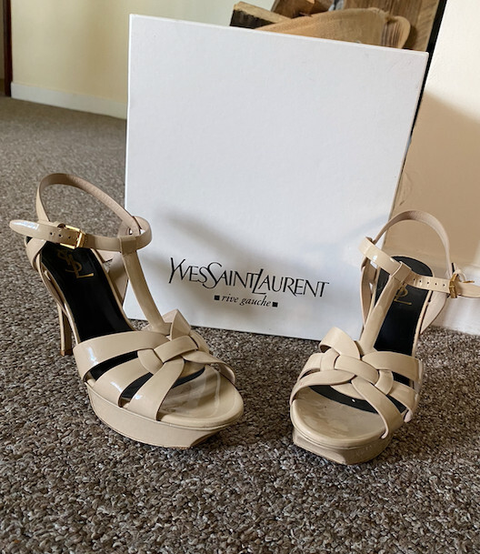 Yves Saint Laurent Tribute Patent Leather Heel Platform Sandals nude size 39