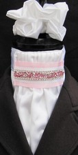 Ready Tied White Faux Silk Bib & Pink Diamante Dressage Riding Stock Scrunchie