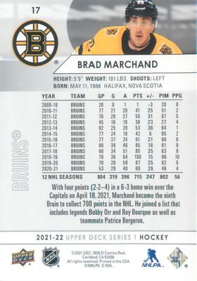 Brad Marchand 2021-22 Upper Deck Hockey Series 1 Base Card