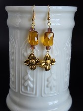 Czech Glass With Gold Tone Flower Accents Handcrafted Earrings