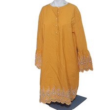 J. Crew XL dress shift embroidered keyhole flower button bell sleeve mustard