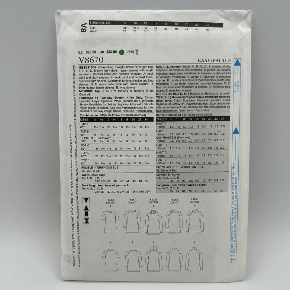 Vogue Pattern Basic Designs V8670 Misses Pullover Tunic Top Sz 8-12 UC FF - Image 3 of 4