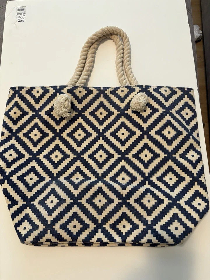 Bolso de Playa Geométrico Verano y Rosa Azul Blanco Diamante Mango de Cuerda  Foto 2 de 4