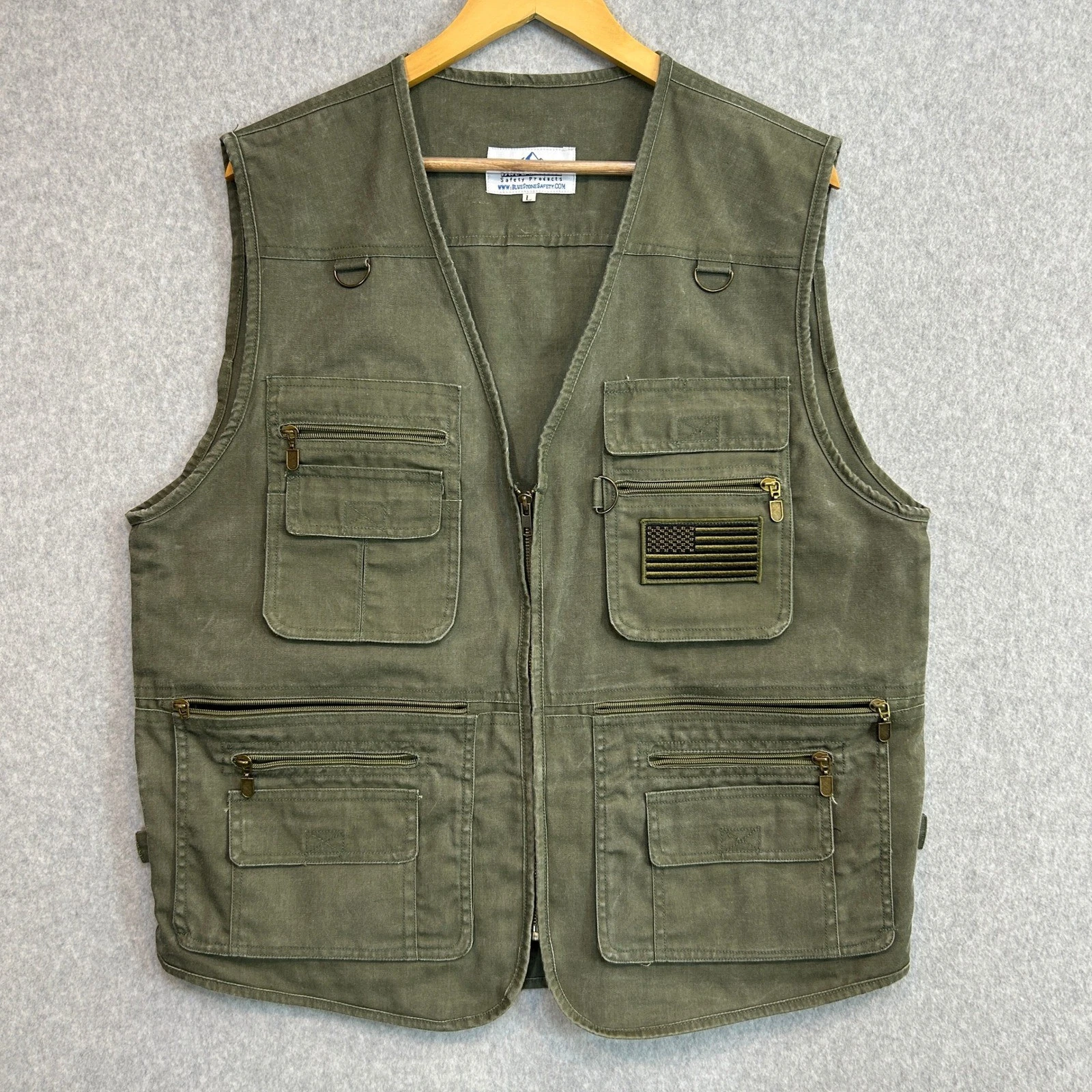 Blue Stone Safety Products Utility Vest Olive Green Tactical USA Patch Sz Large
