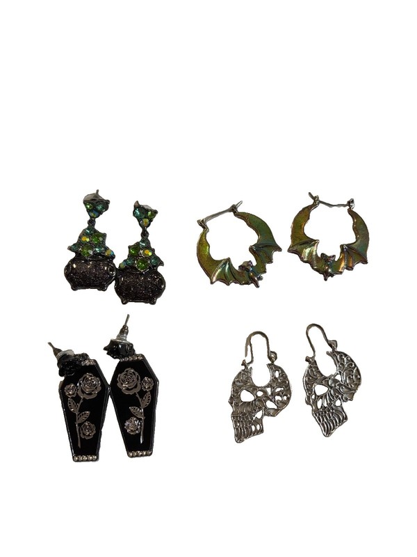 Gothic Metal Earrings Lot 4 Pairs Skull Coffin Bat Hoop Dangle Hook