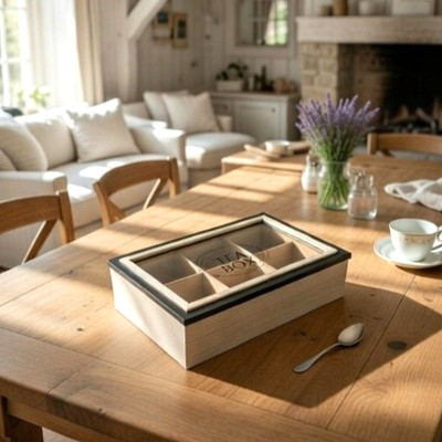 Teebox Beutel Box 6-Fächer Teedose Teekiste Tee Aufbewahrung Storage Retro Holz 
