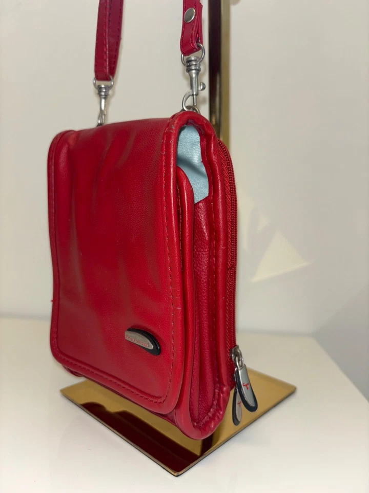 Travelon red crossbody travel handbag leather purse compartment small travel VTG - Image 2 of 4