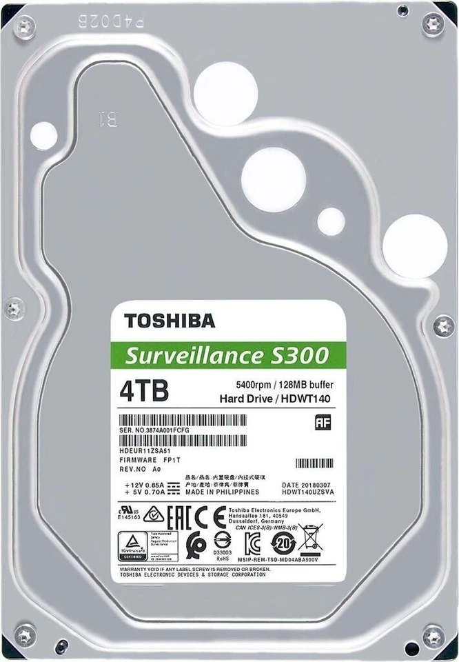 Toshiba S300 4TB Hard Disk Videosorveglianza DVR 3.5” SATA 5400 RPM HDWT840UZSVA