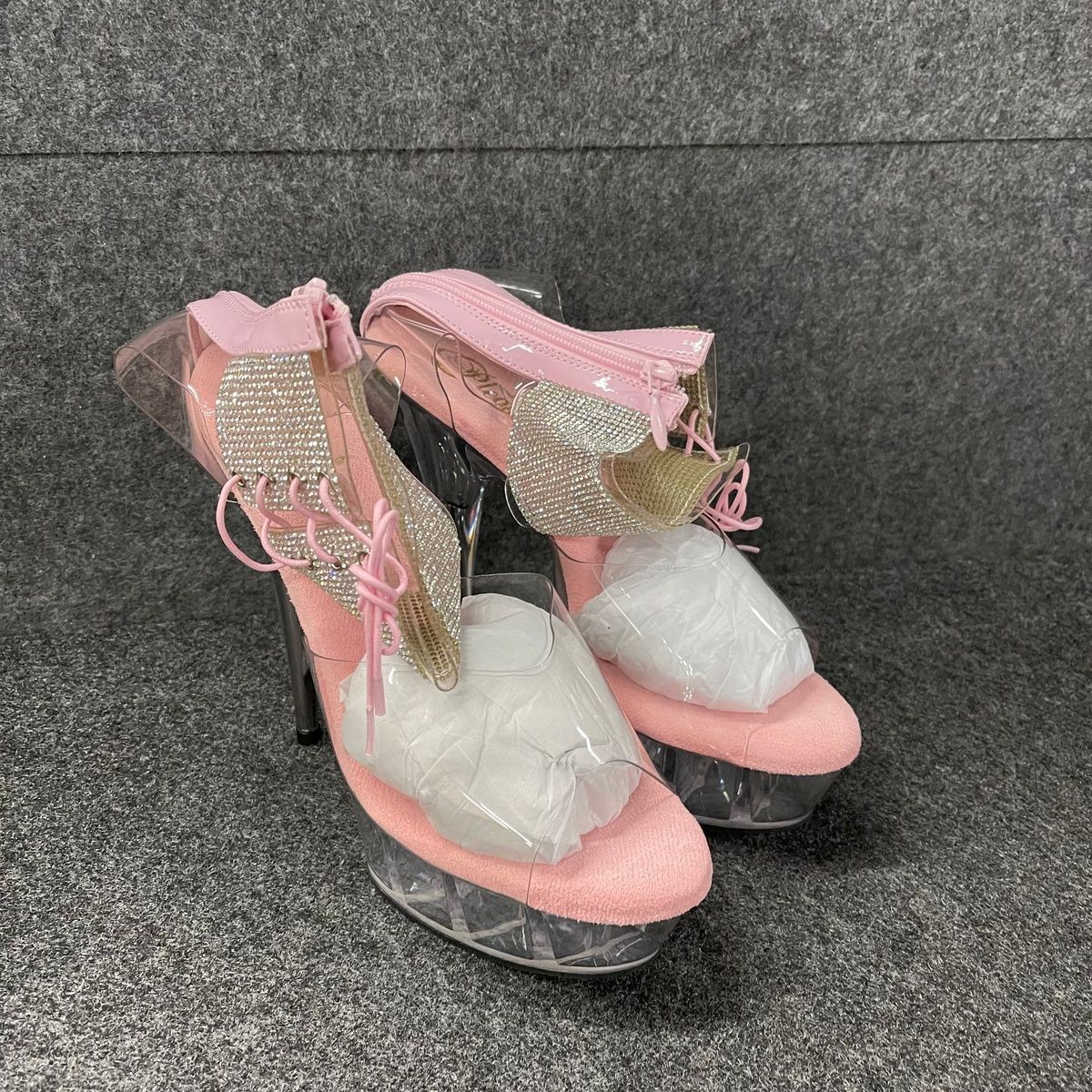 PLEASER Delight Rhinestone Ankle Sandals Women's Size 11 Pink Clear