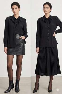 The Kooples Paris luxury blouse black 100% silk bow ruffle rhinestones L/M