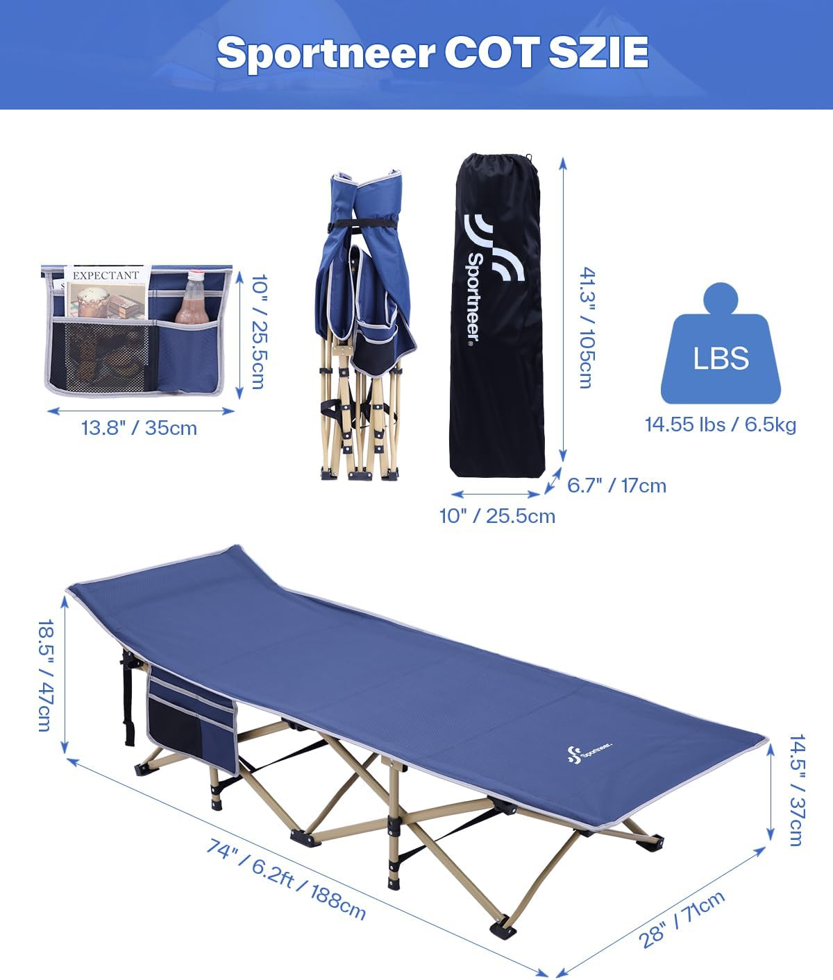 Sportneer Camping Cots for Adults, Portable Bed with Mattress, 450 LBS