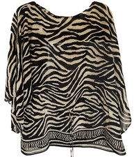 CHAPS Black/Tan Animal Print Sheer Tunic Top Drawstring Waist Size Large