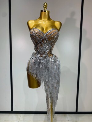 Women Rhinestones Sequins Sexy Tassel Two Piece Set Singer Dancer Costume
