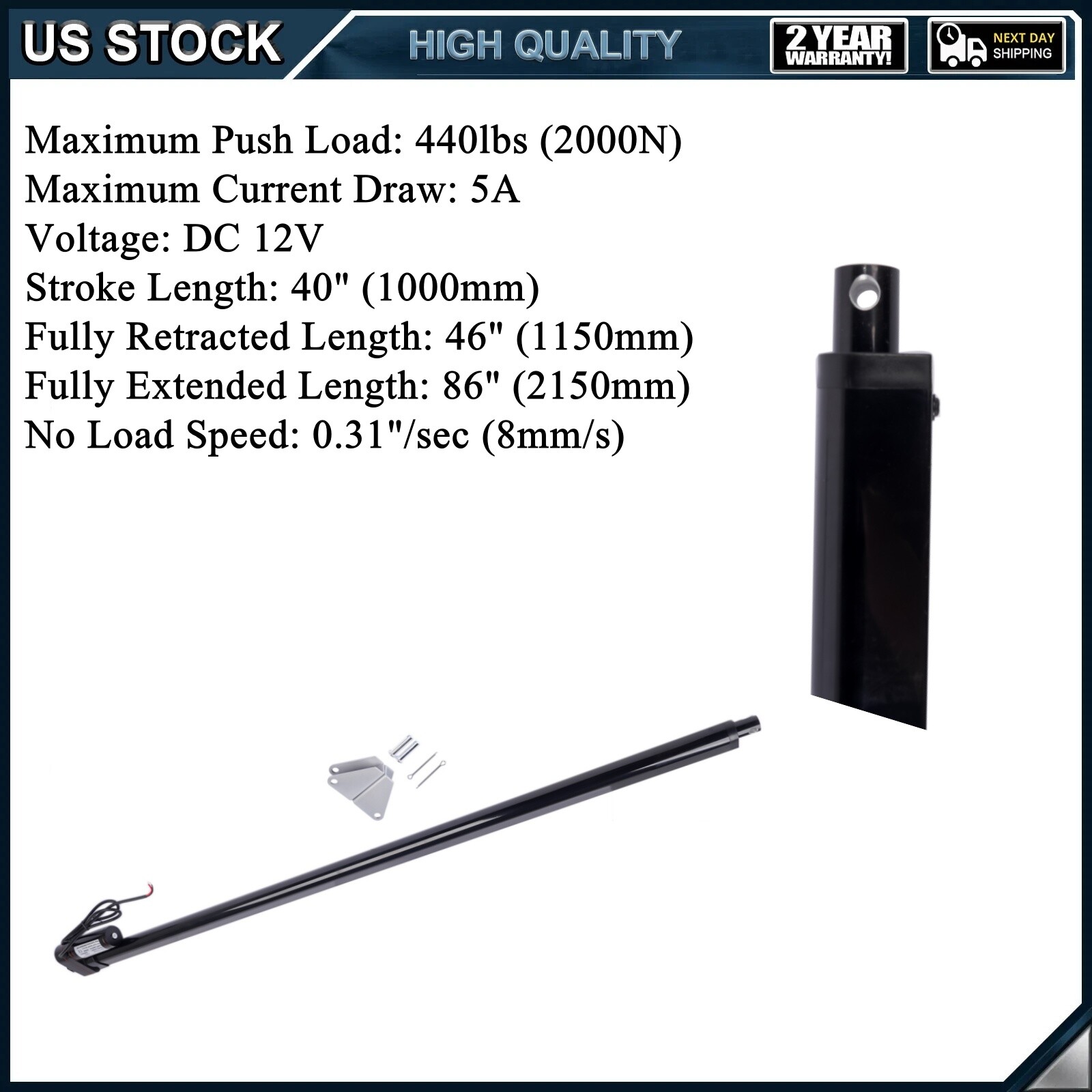 40 Inch Stroke Linear Actuator 12V Heavy Duty 440Lbs/2000N IP65 Waterproof