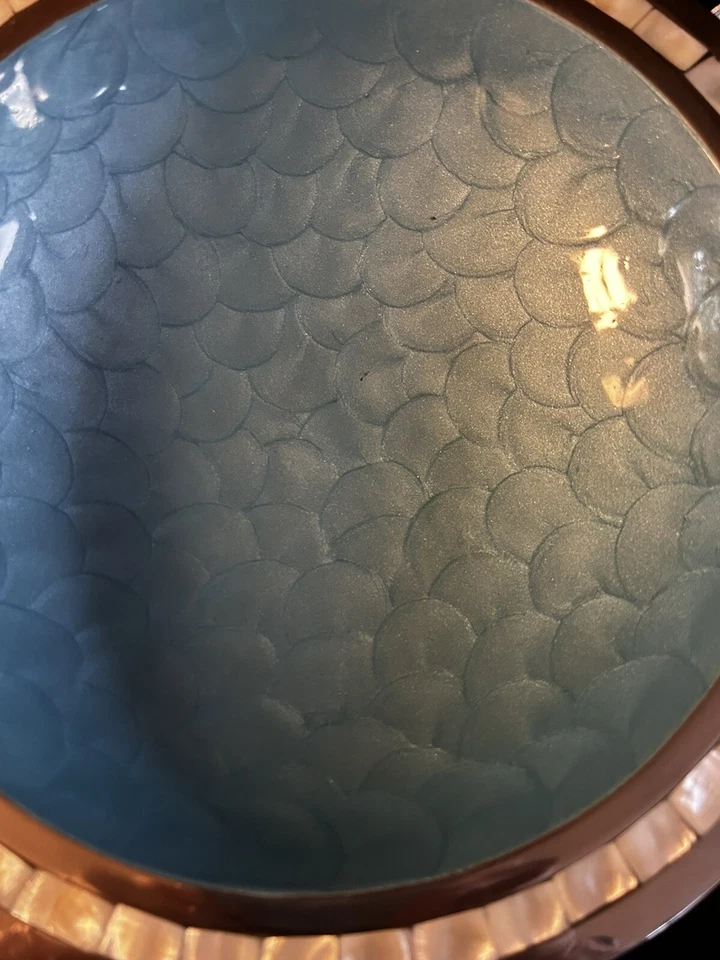 Julia Knight Bowl Sky Blue Enamel Thumbprint Mother Of Pearl Rim Inlay Signed - Image 4 of 4
