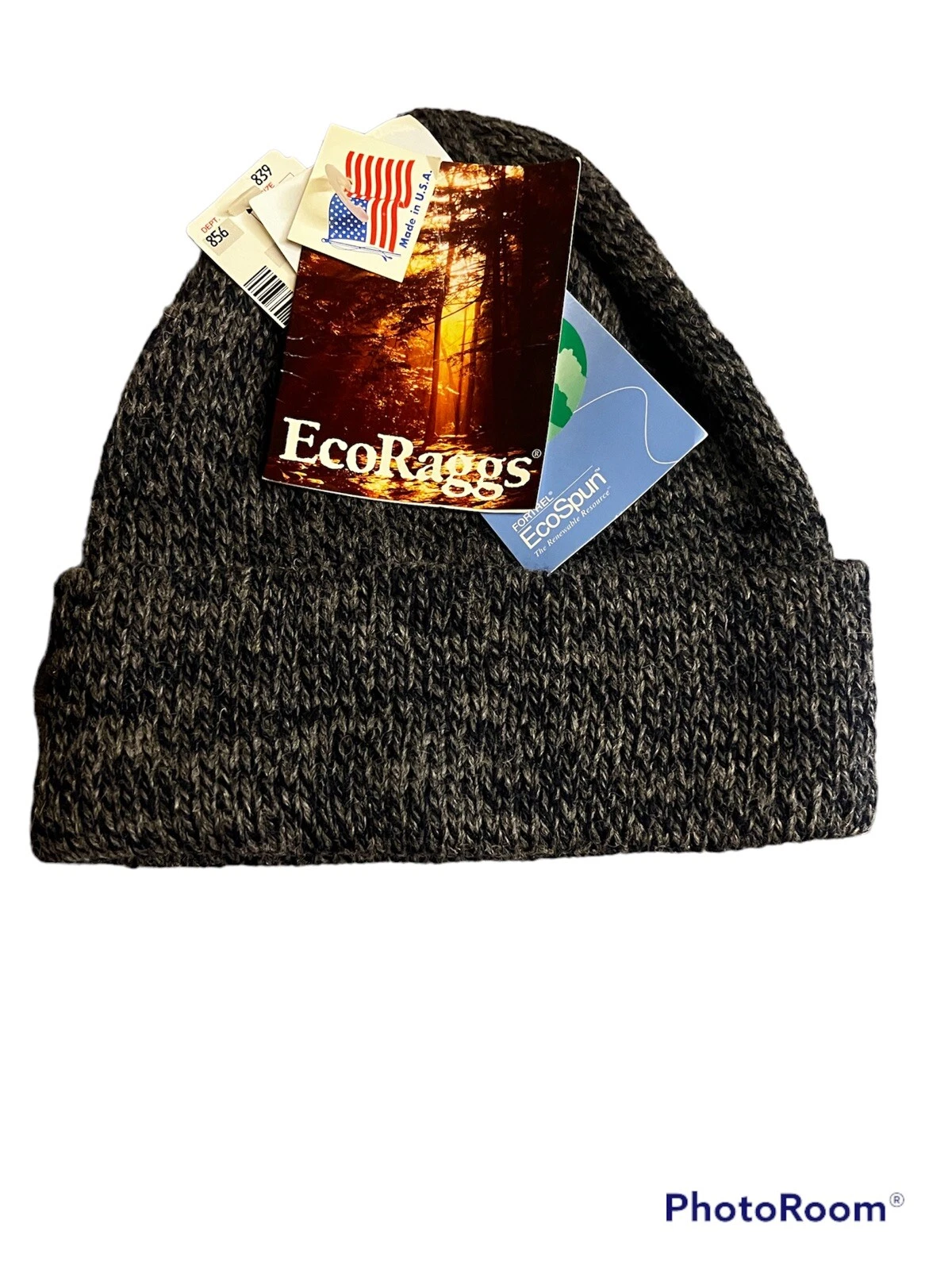 NWT Vintage USA EcoRaggs wool blend beanie cap O/S warm winter hat black/gray