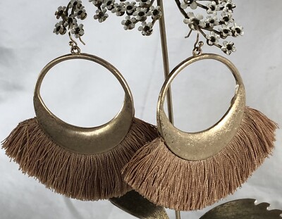 Vintage Solid Brass Hoop Earrings 3  Dangling Boho Nylon Fringes Hook Closure