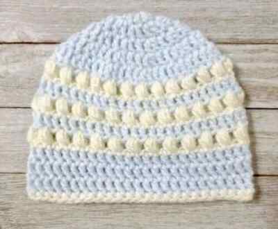 handmade crochet baby hat newborn beanie cream blue puffs USA seller