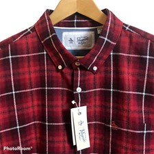 Original Penguin Shirt Mens Small Nep Plaid Woven Button Up Rococo Red 89 NEW