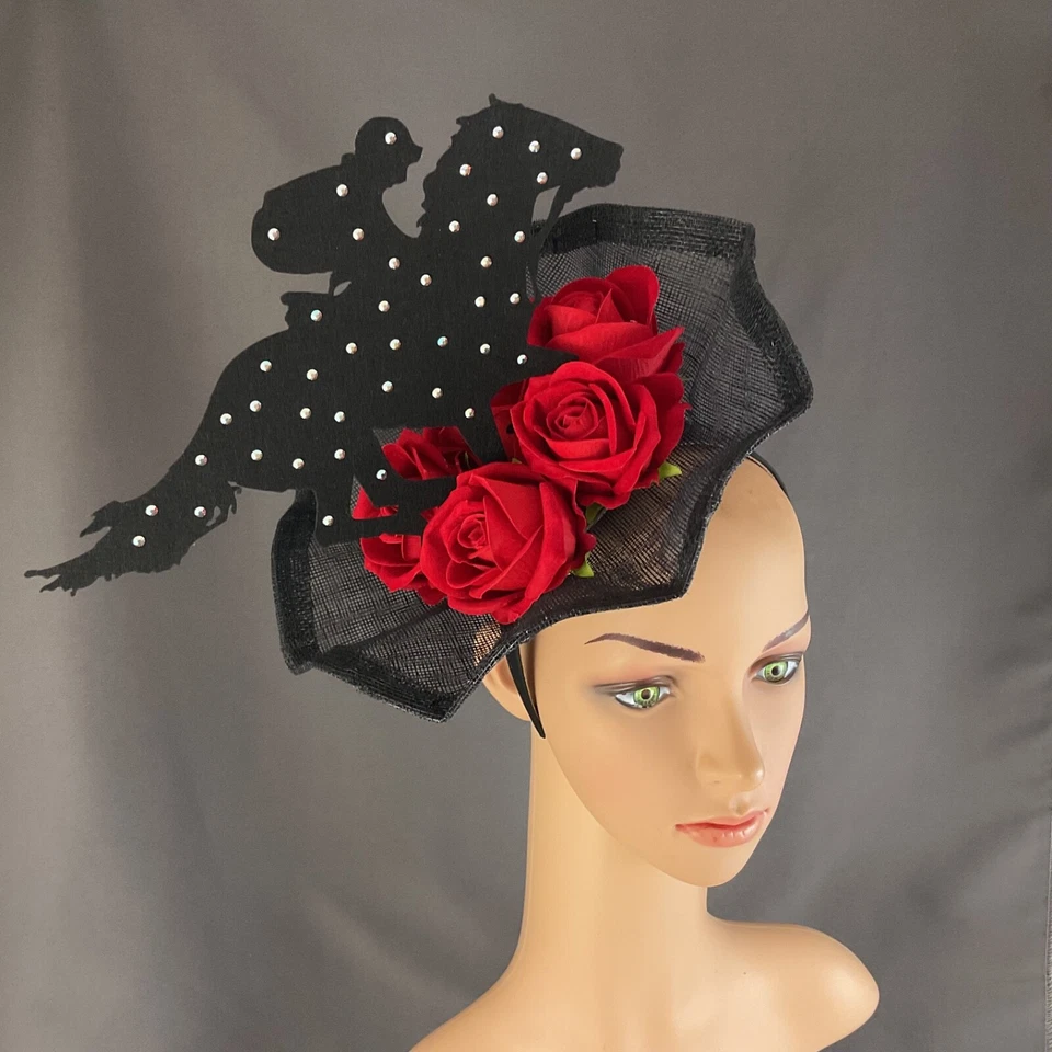 Vestido Red Rose Horse Kentucky Derby Negro Fascinator Preakness Belmont Del Mar Foto 3 de 4