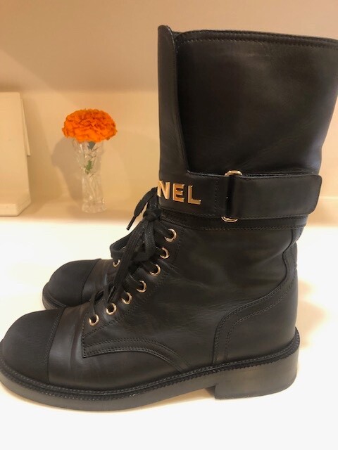 Chanel Black Leather Logo CC Combat Lace Up Tie Military
