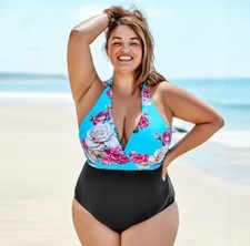 New NWT Cupshe Pink Blue Floral and Black Halter One Piece Swimsuit Women's 3X