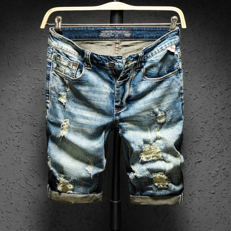 Retro distressed loose men’s ripped shorts trendy medium five-point beggar pants-image