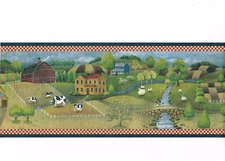 Cow Sheep Horse Rolling Hills Red Gingham Barn Country Blue Wallpaper Border