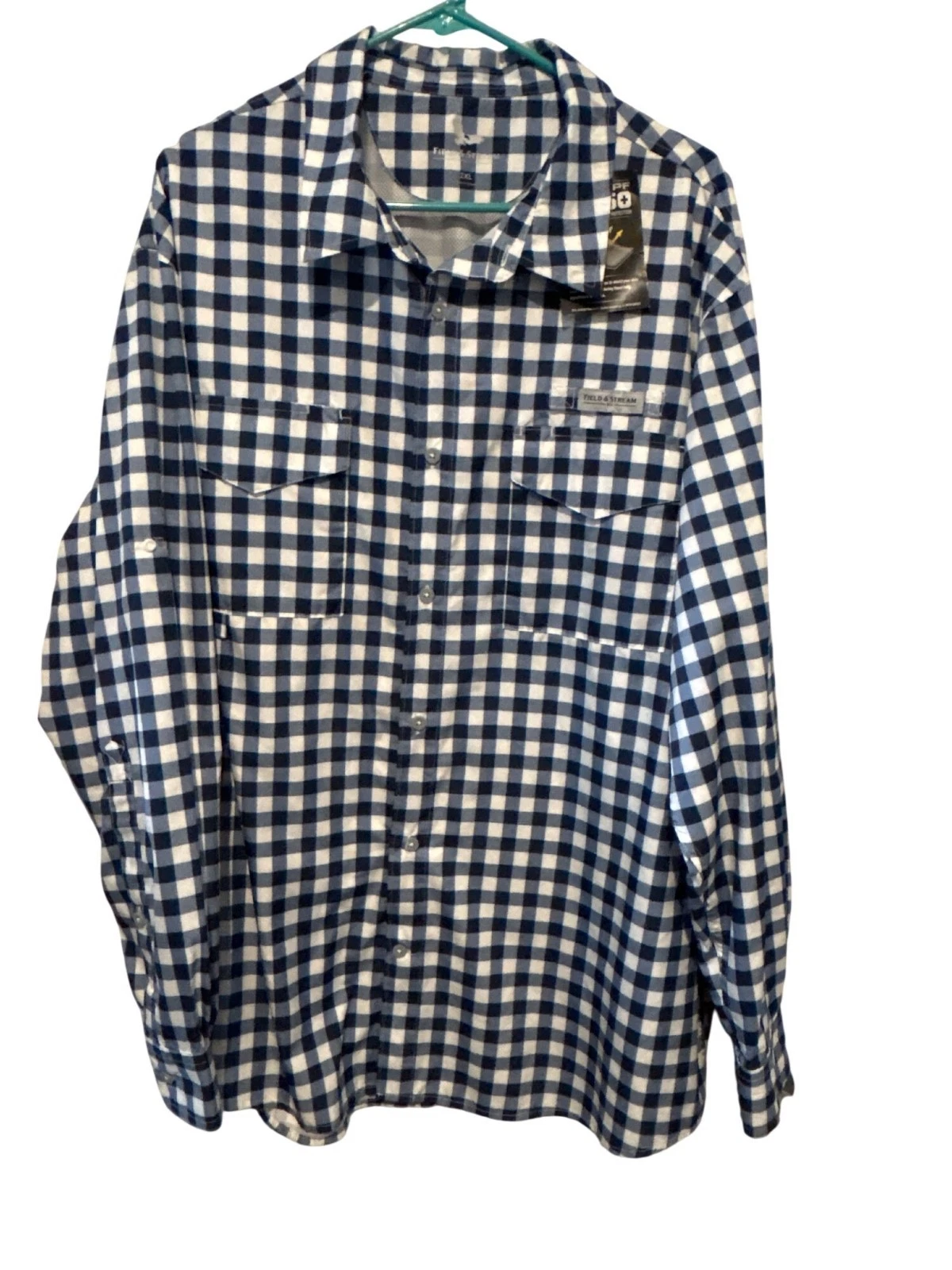 NEW Field & Stream Mens 2XL Gingham Navy/White Latitude Vented Fishing Shirt